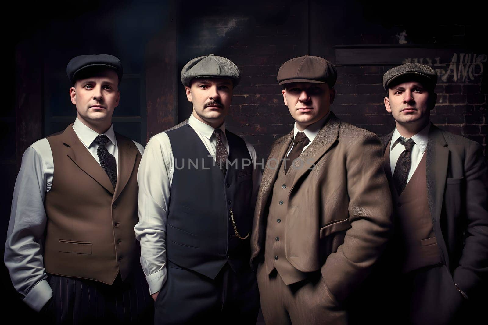 group of 1920s european gangster style men. Neural network generated in May 2023. Not based on any actual person, scene or pattern.