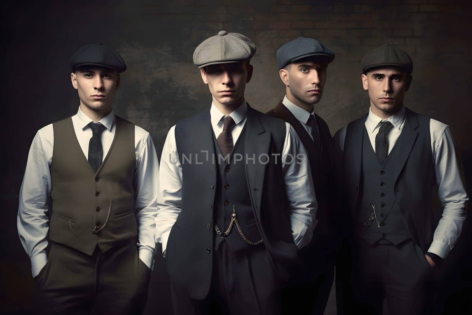 group of 1920s european gangster style men. Neural network generated in May 2023. Not based on any actual person, scene or pattern.