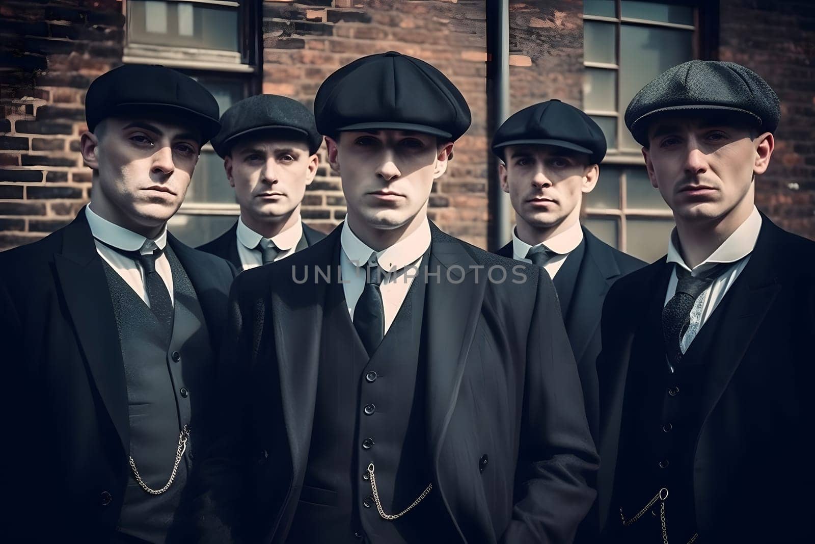 group of 1920s european gangster style men. Neural network generated in May 2023. Not based on any actual person, scene or pattern.