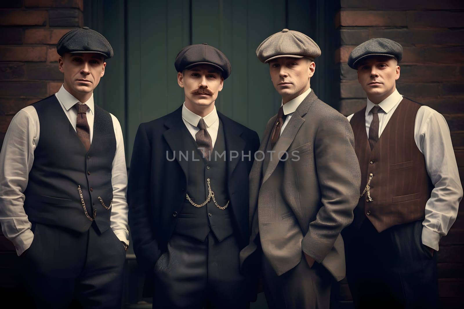 group of 1920s european gangster style men. Neural network generated in May 2023. Not based on any actual person, scene or pattern.