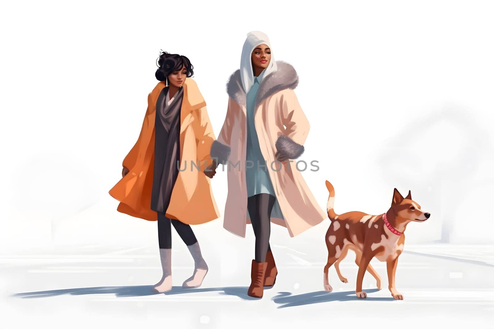 african american women walking dog at winter, neural network generated art. Digitally generated image. Not based on any actual person, scene or pattern.