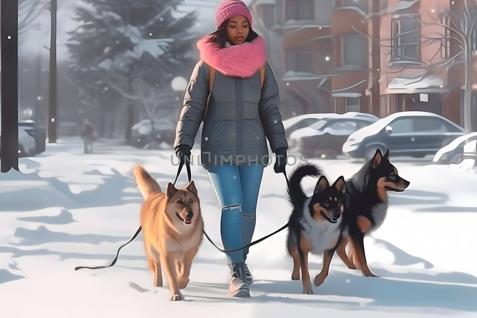african american woman walking dog at winter, neural network generated art. Digitally generated image. Not based on any actual person, scene or pattern.