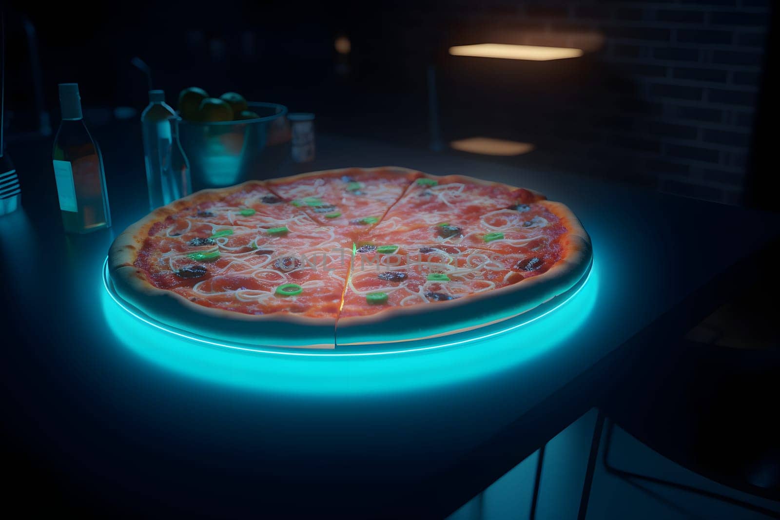 glowing neon pizza on table, neural network generated art. Digitally generated image. Not based on any actual person, scene or pattern.