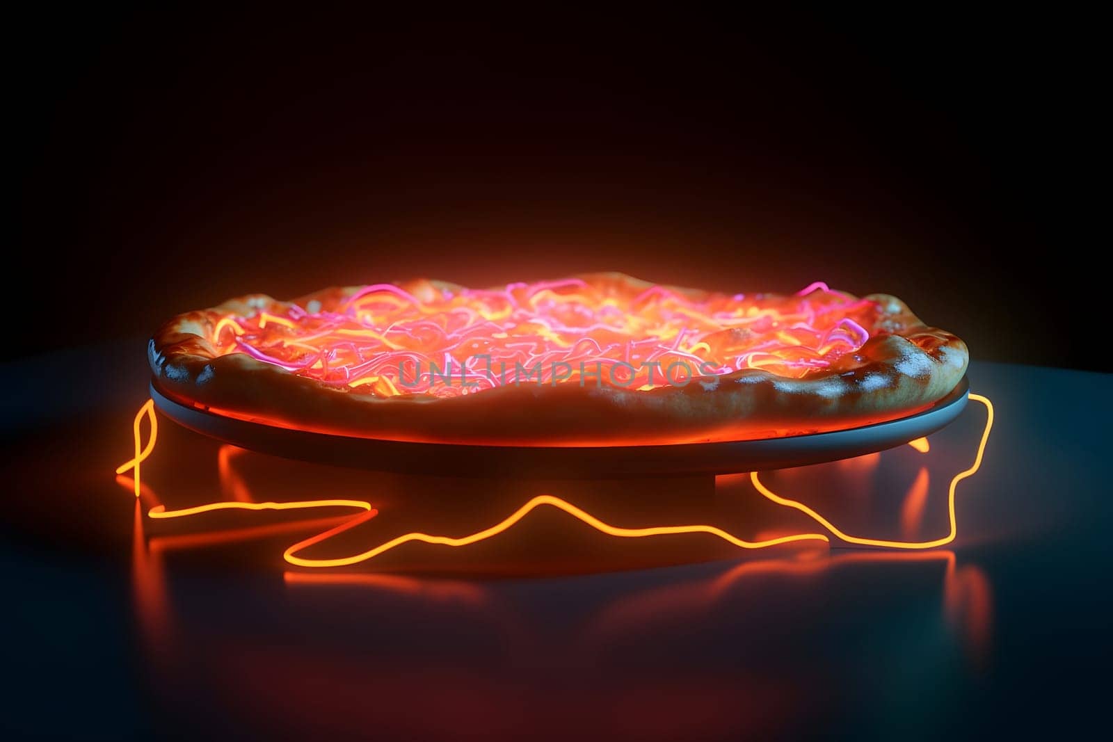 glowing neon pizza on table. Neural network generated in May 2023. Not based on any actual person, scene or pattern.