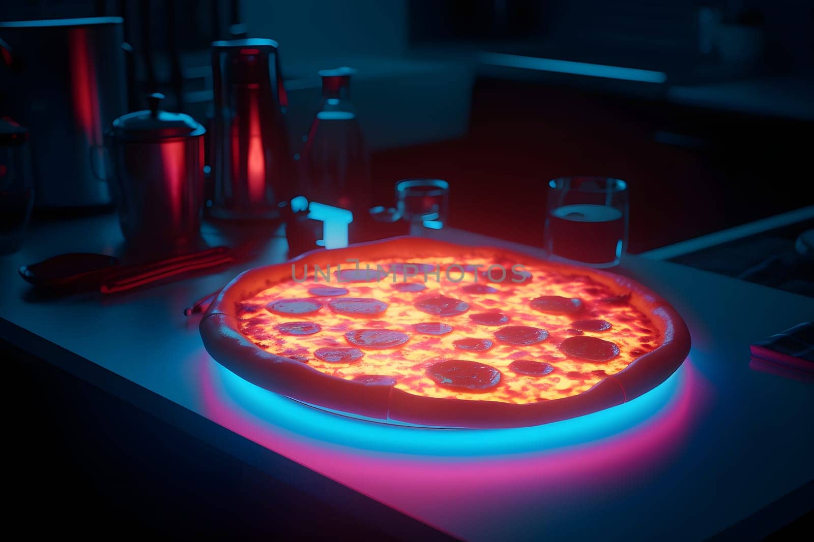 glowing neon pizza on table. Neural network generated in May 2023. Not based on any actual person, scene or pattern.