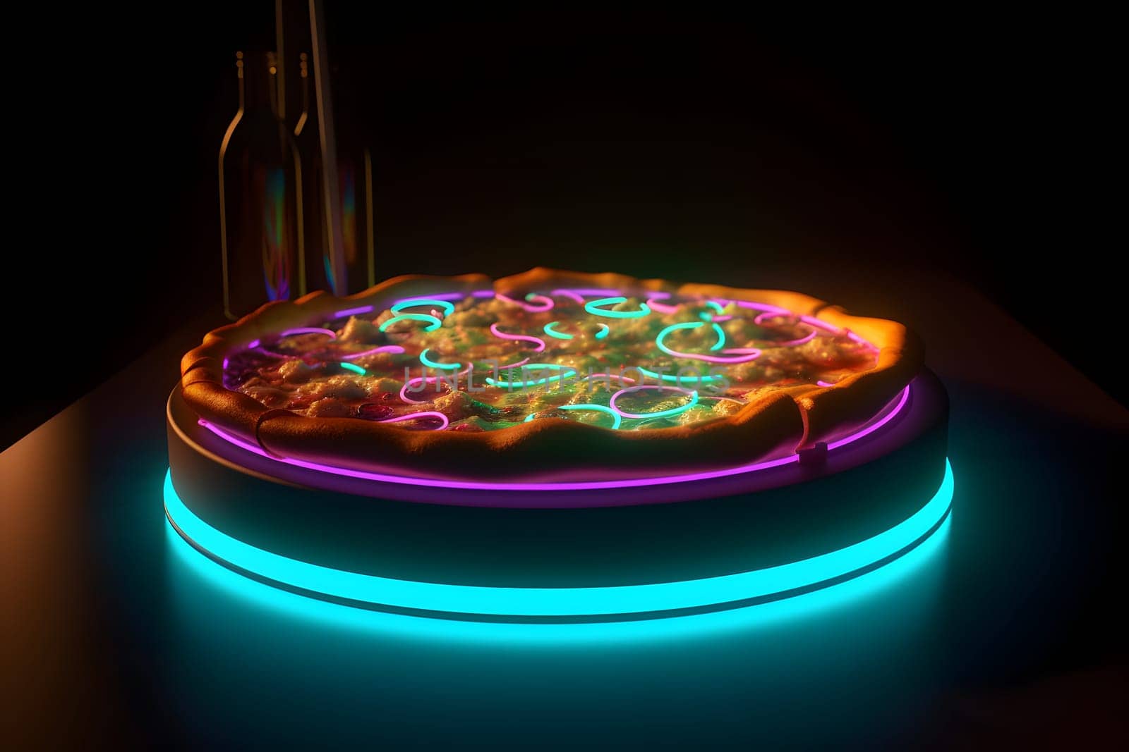 glowing neon pizza on table. Neural network generated in May 2023. Not based on any actual person, scene or pattern.