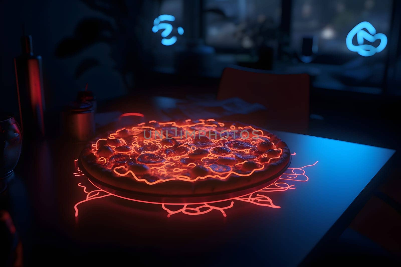 glowing neon pizza on table. Neural network generated in May 2023. Not based on any actual person, scene or pattern.