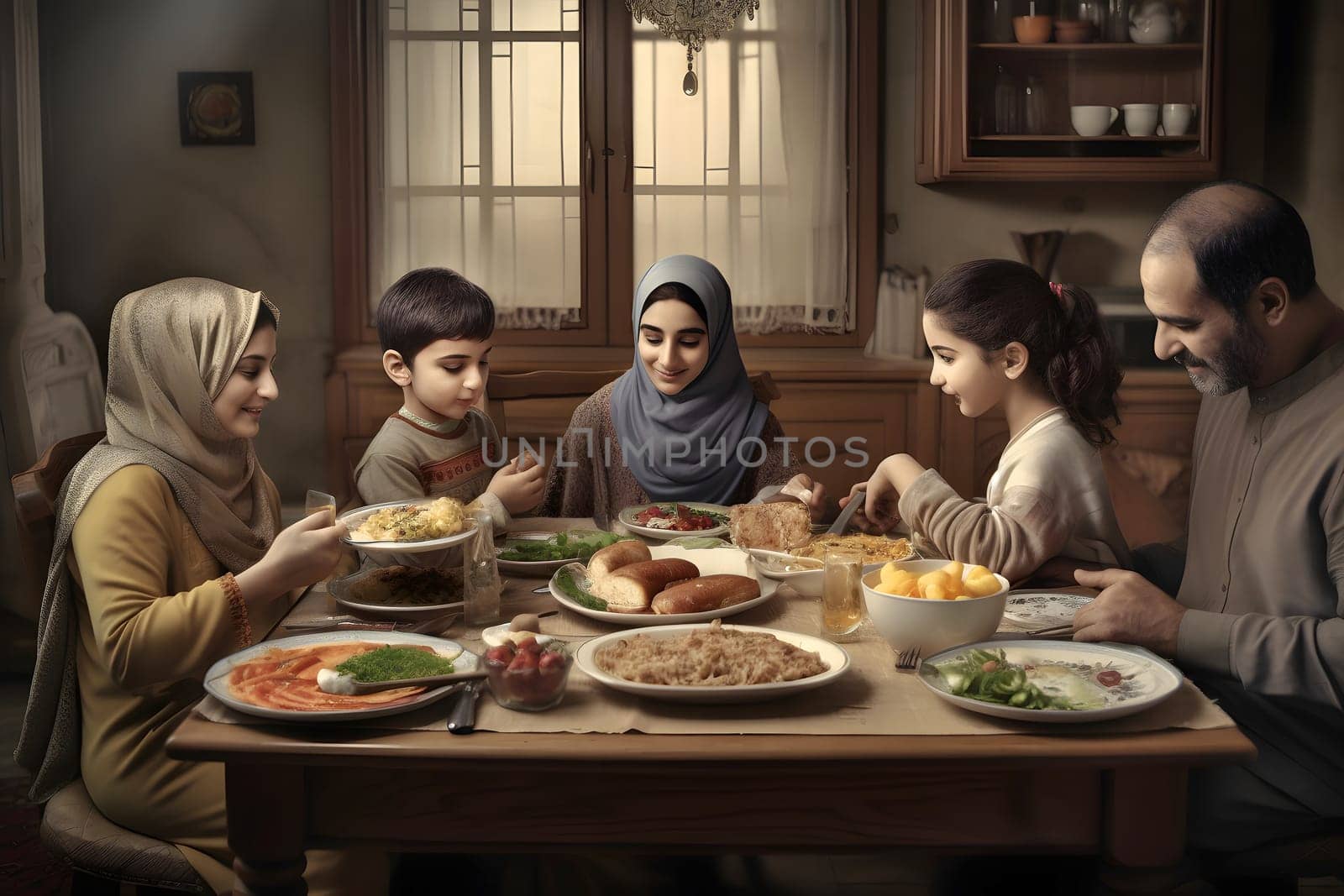 middle eastern family domestic dinner, neural network generated art. Digitally generated image. Not based on any actual person, scene or pattern.