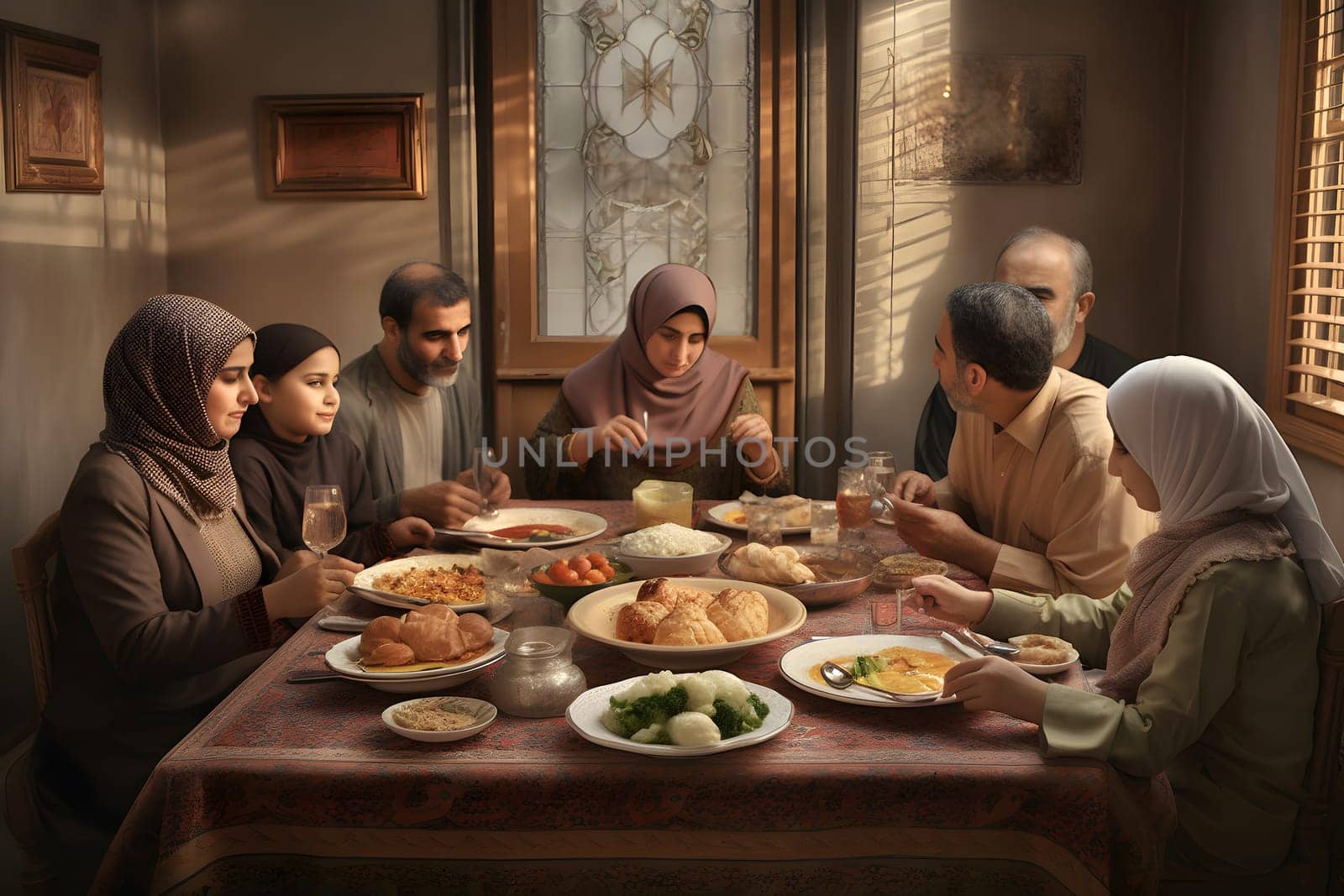 middle eastern family domestic dinner. Neural network generated in May 2023. Not based on any actual person, scene or pattern.