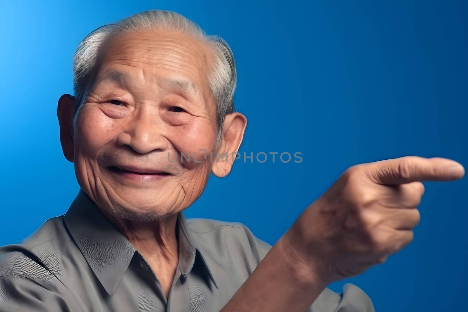 Asian grandfather looking and smiling with rised index finger on blue background. Neural network generated in May 2023. Not based on any actual person, scene or pattern.