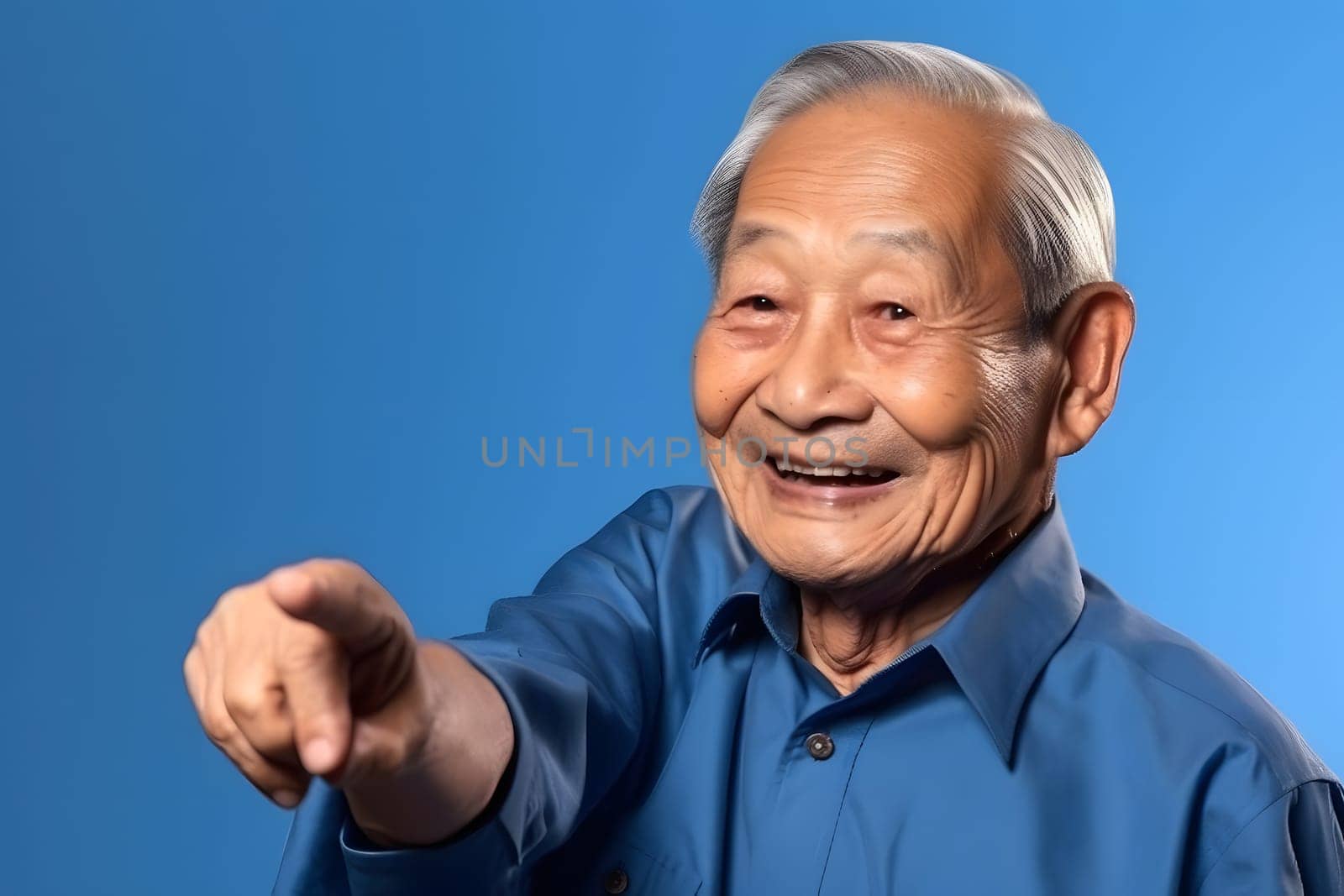 Asian grandfather looking and smiling with rised index finger on blue background. Neural network generated in May 2023. Not based on any actual person, scene or pattern.