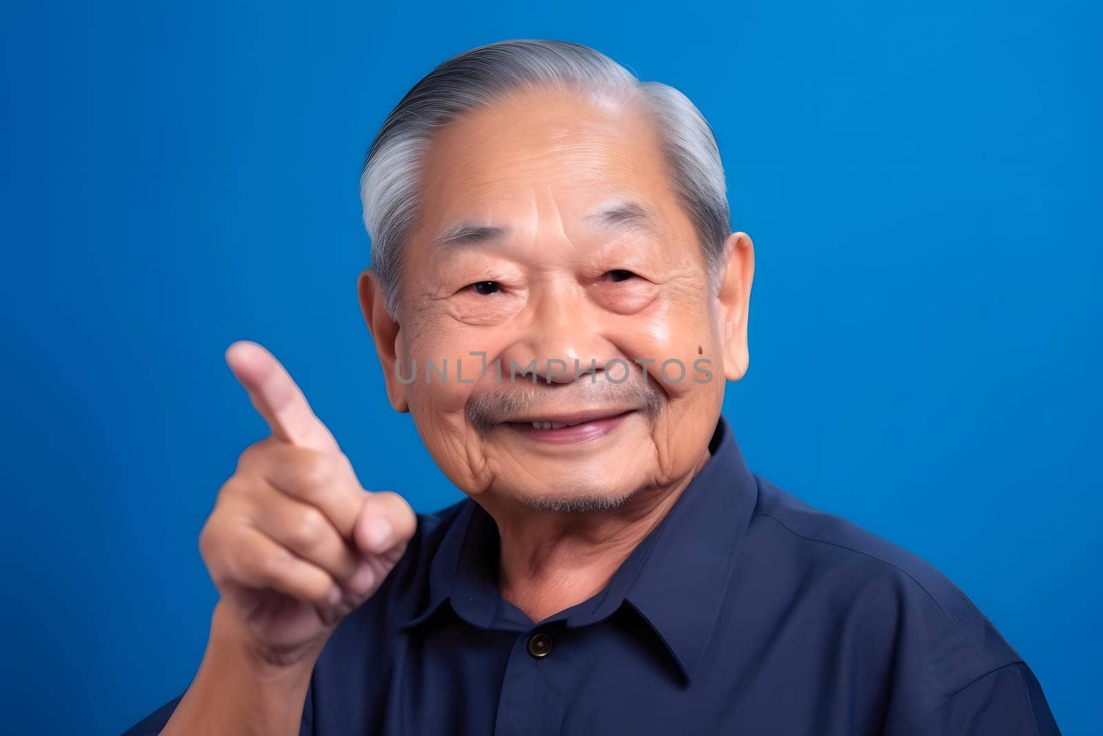 Asian grandfather looking and smiling with rised index finger on blue background. Neural network generated in May 2023. Not based on any actual person, scene or pattern.