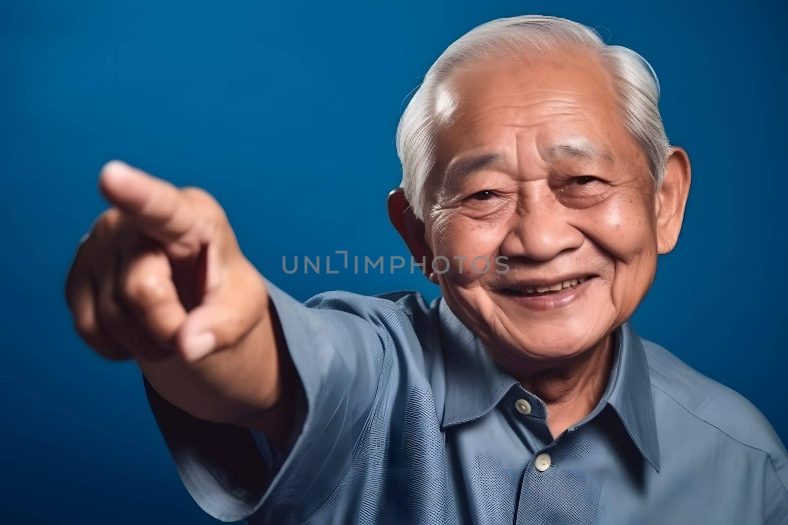Asian grandfather looking and smiling with rised index finger on blue background. Neural network generated in May 2023. Not based on any actual person, scene or pattern.