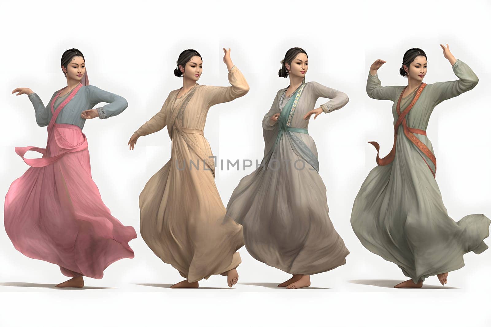 Women in full-length sleeves doing dance. Neural network generated in May 2023. Not based on any actual person, scene or pattern.