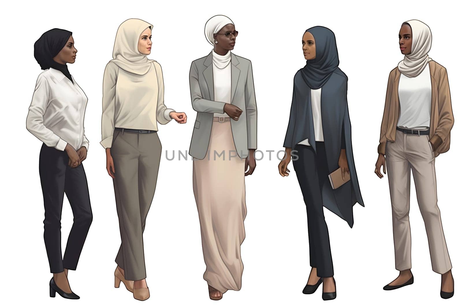 set of oriental and muslim style business women with full-lenght sleeves and hijab on white background. Neural network generated in May 2023. Not based on any actual person, scene or pattern.