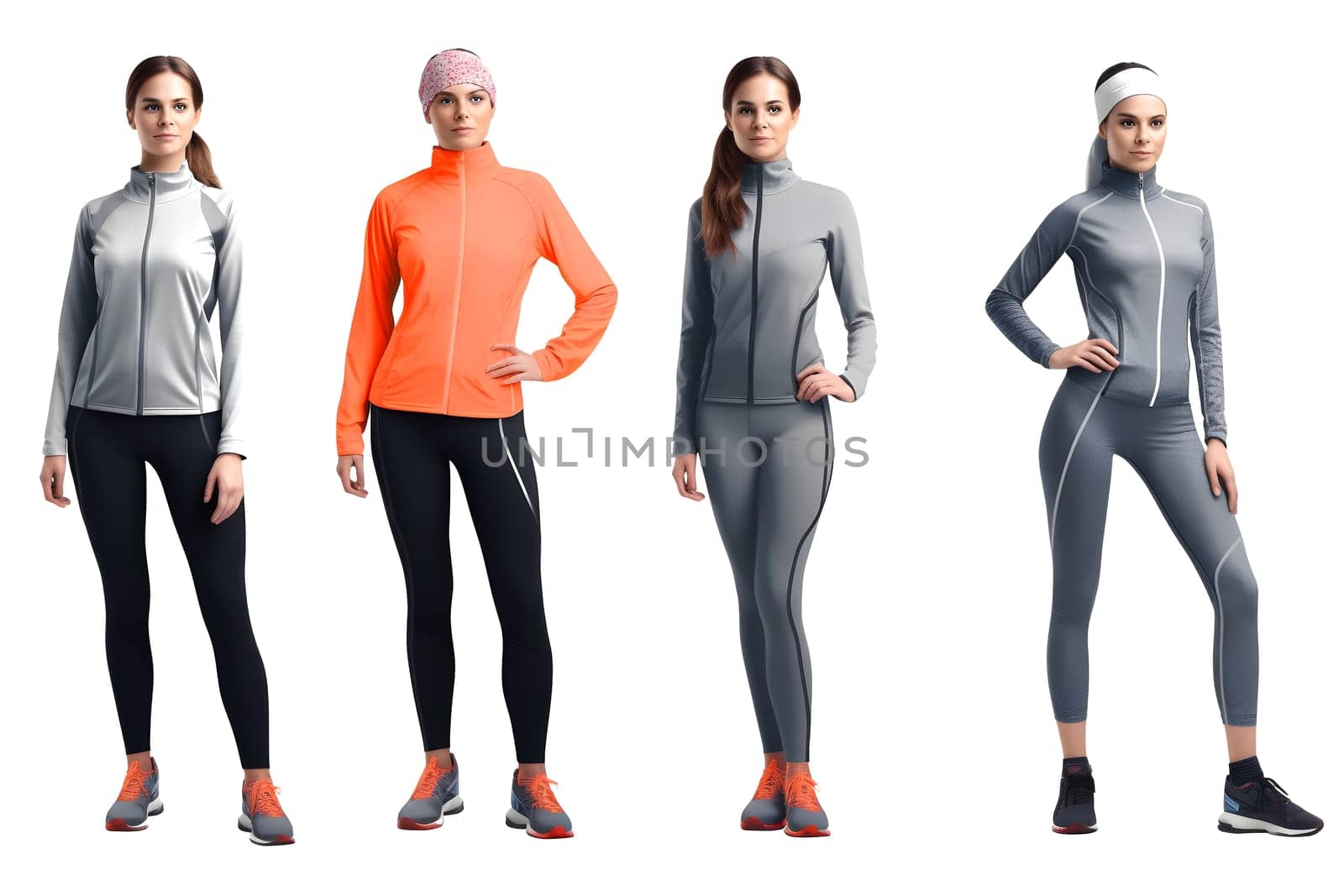 Set of women in full-lenght long sleeves sports uniform. Neural network generated in May 2023. Not based on any actual person, scene or pattern.