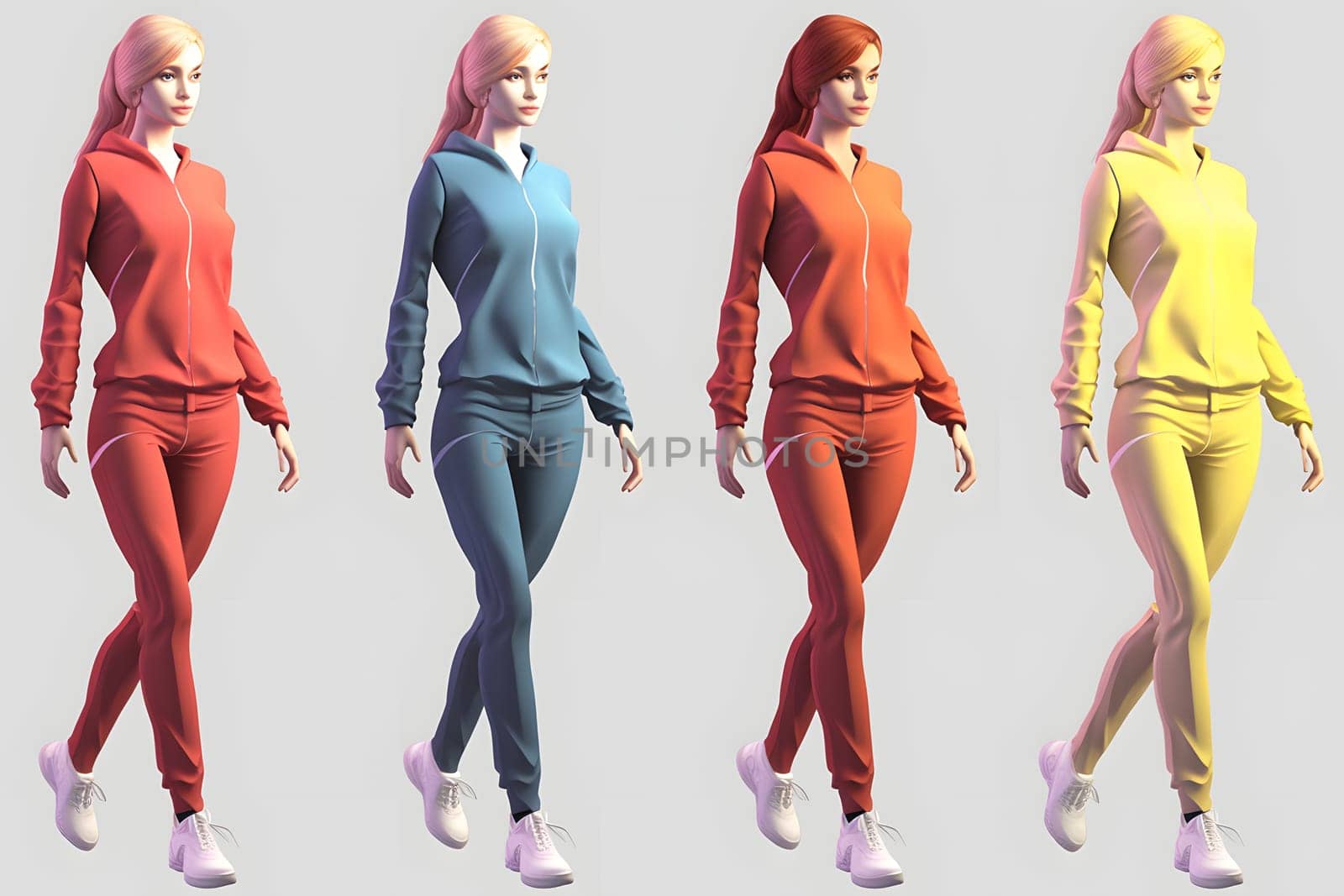 Set of women in full-lenght long sleeves sports uniform. Neural network generated in May 2023. Not based on any actual person, scene or pattern.