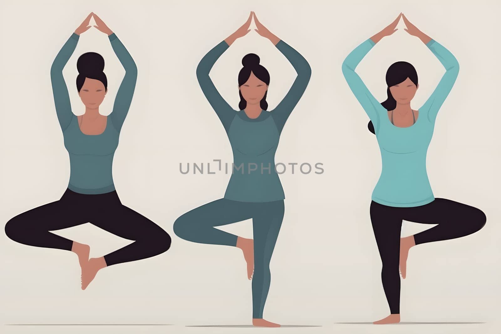 Set of women in full-lenght long sleeves sports uniform doing yoga. Neural network generated in May 2023. Not based on any actual person, scene or pattern.