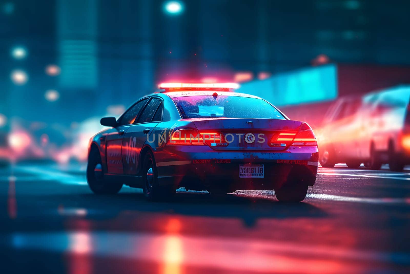 Police car on night city street with lights on. Neural network generated in May 2023. Not based on any actual person, scene or pattern.