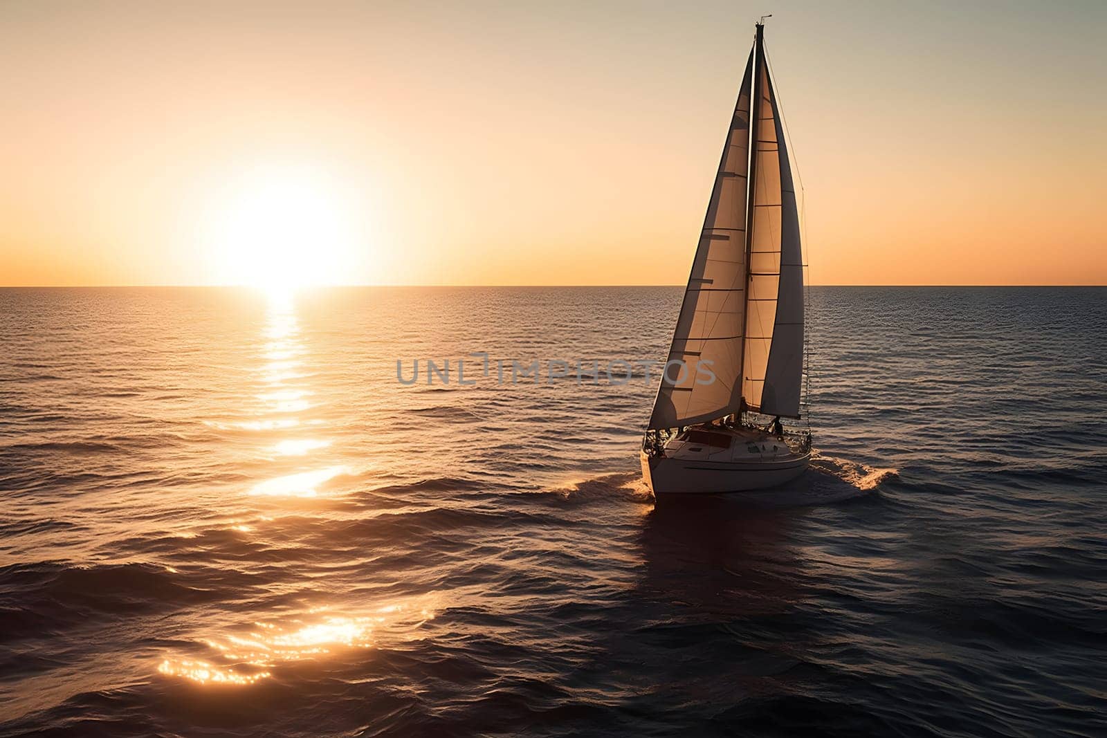 Sailing yacht boat on ocean water at sunrise. Neural network generated in May 2023. Not based on any actual person, scene or pattern.