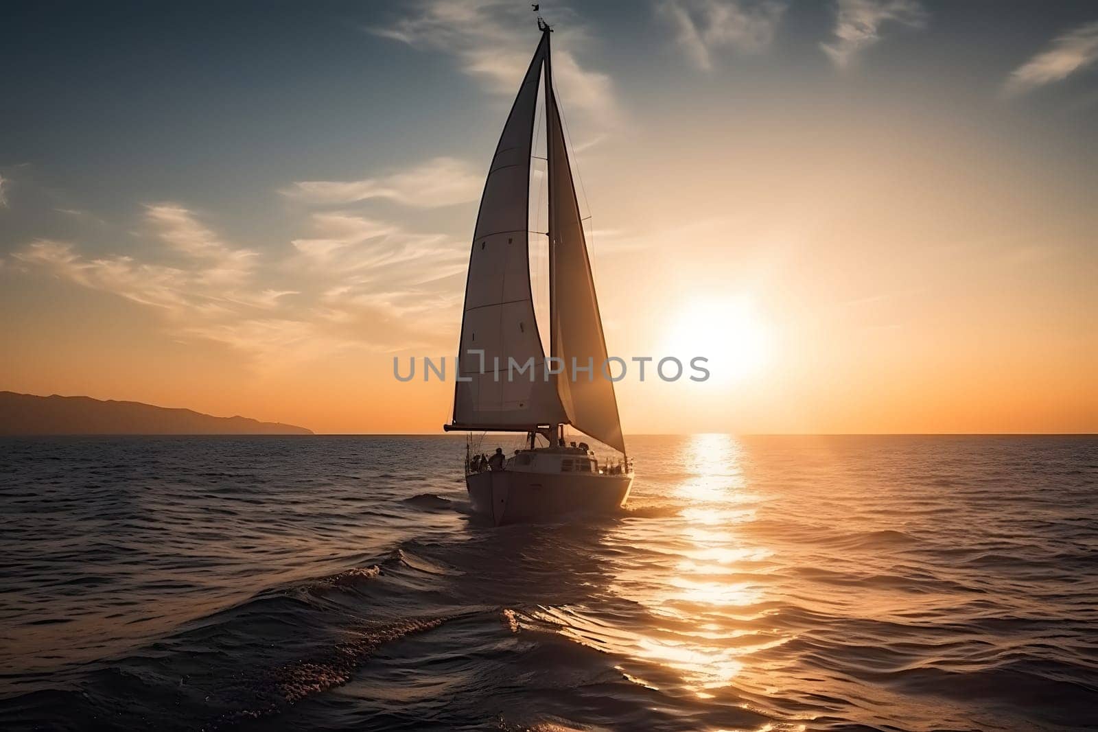 Sailing yacht boat on ocean water at sunrise. Neural network generated in May 2023. Not based on any actual person, scene or pattern.