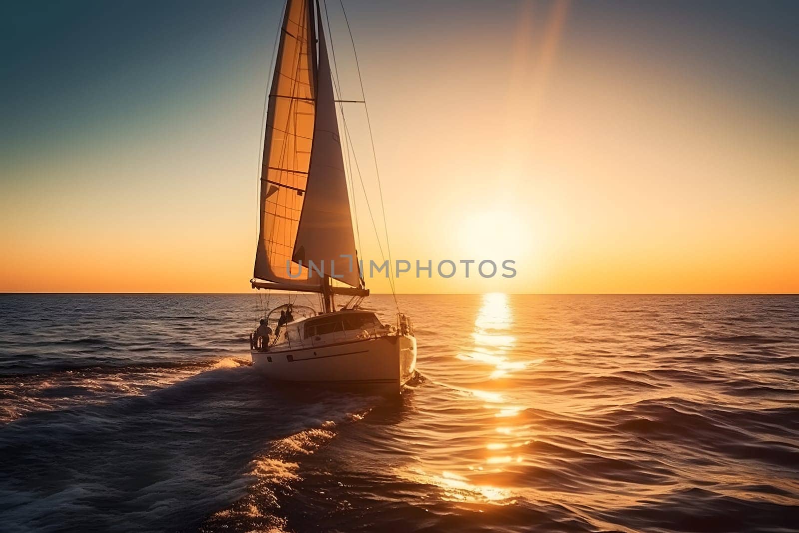 Sailing yacht boat on ocean water at sunrise. Neural network generated in May 2023. Not based on any actual person, scene or pattern.