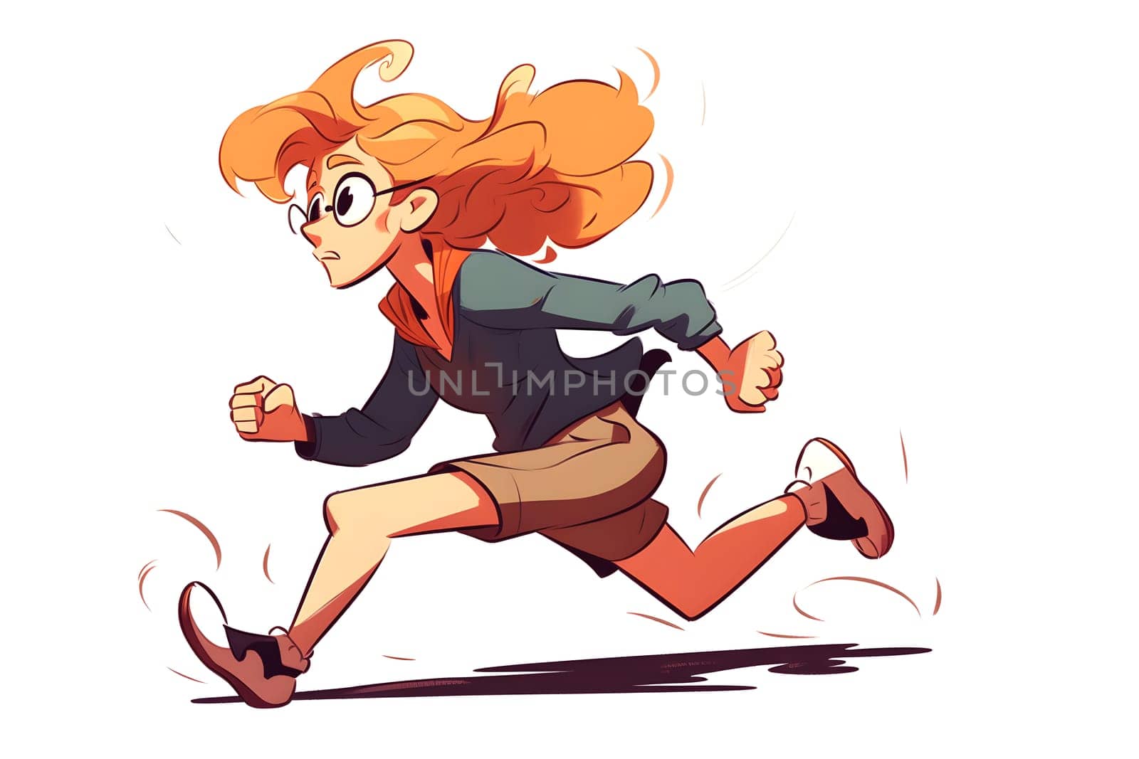 Skittish office girl running on white background, cartoon style. Neural network generated in May 2023. Not based on any actual person, scene or pattern.