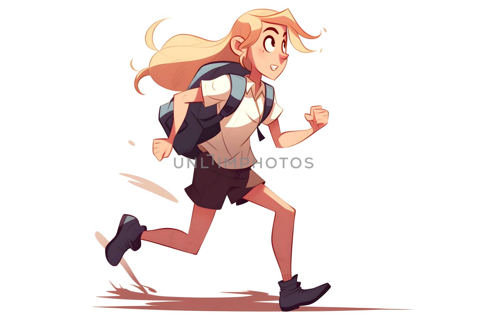 Skittish office girl running on white background, cartoon style. Neural network generated in May 2023. Not based on any actual person, scene or pattern.