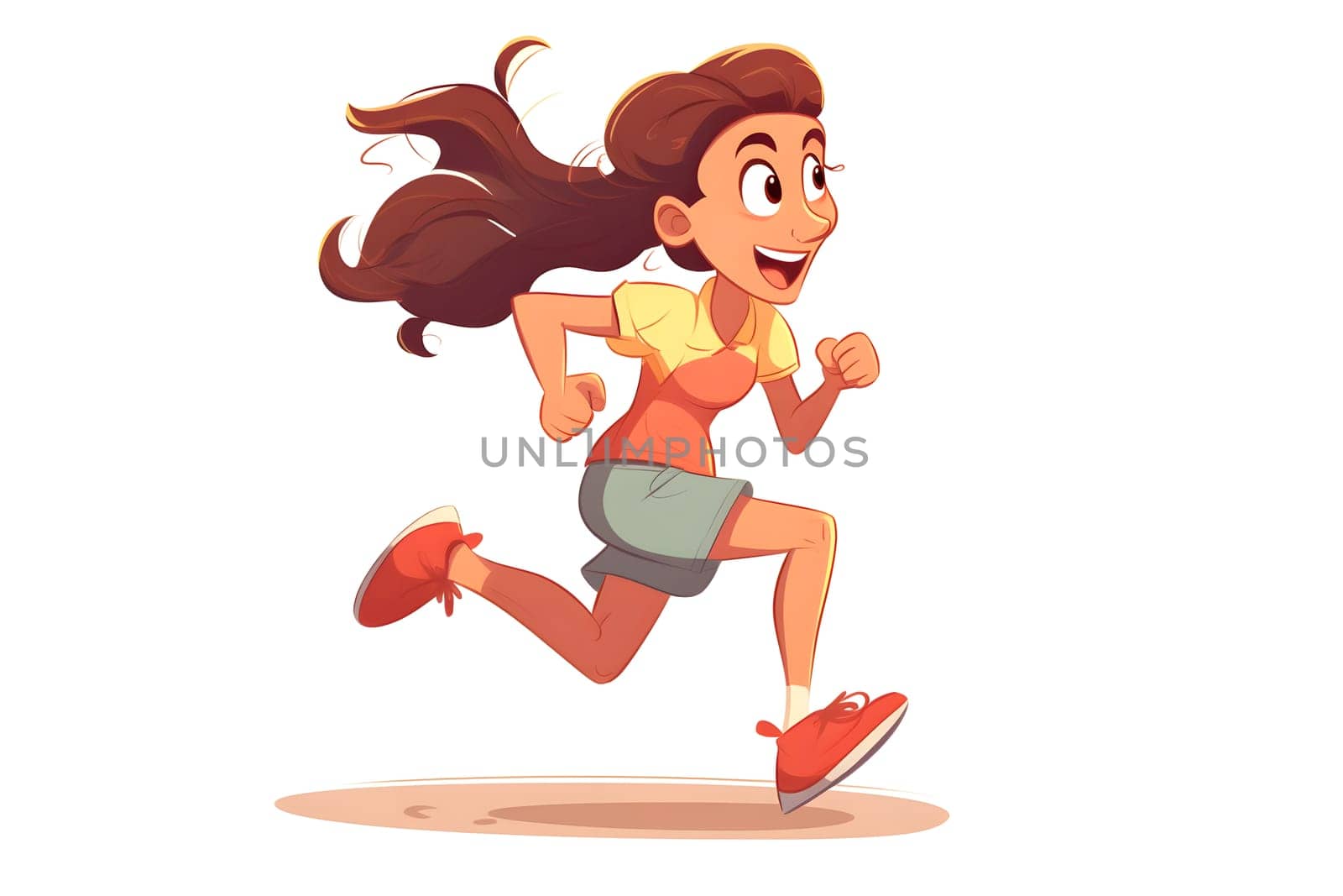 Skittish office girl running on white background, cartoon style. Neural network generated in May 2023. Not based on any actual person, scene or pattern.
