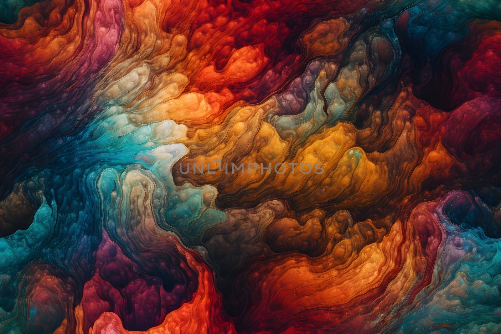 seamless background of colored diffusing turbulent fumes or paint pigments in liquid. Neural network generated in May 2023. Not based on any actual scene or pattern.