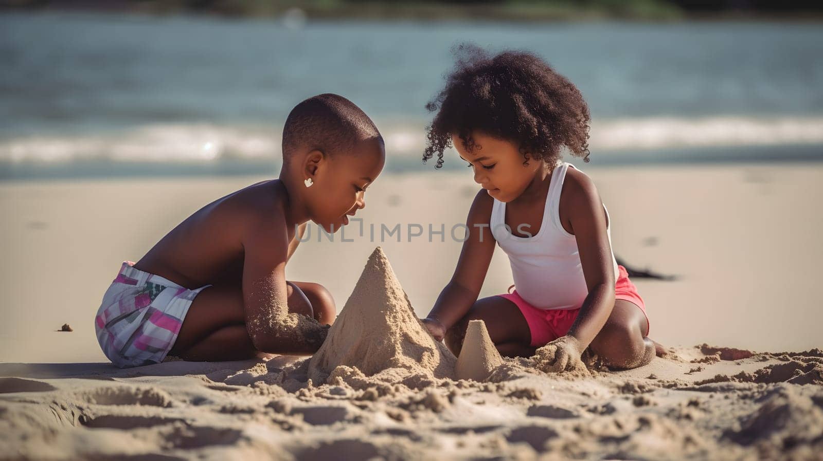 African american hildren making sand castles on the beach. Neural network generated in May 2023. Not based on any actual person, scene or pattern.