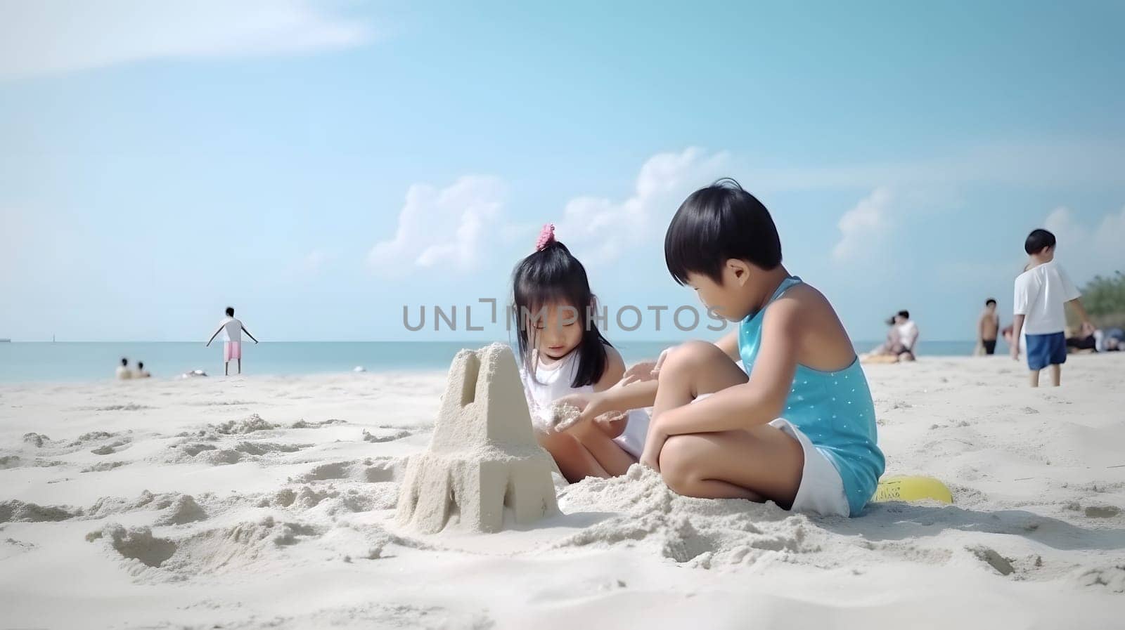 Asian children making sand castles on the beach. Neural network generated in May 2023. Not based on any actual person, scene or pattern.