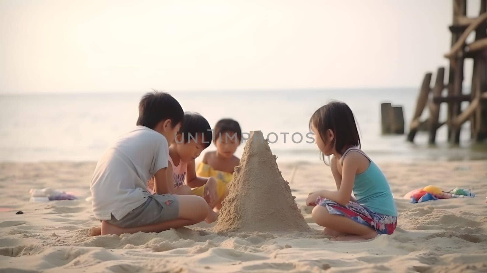 Asian children making sand castles on the beach. Neural network generated in May 2023. Not based on any actual person, scene or pattern.
