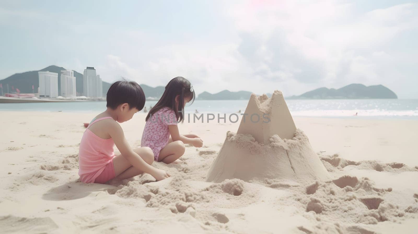 Asian children making sand castles on the beach. Neural network generated in May 2023. Not based on any actual person, scene or pattern.