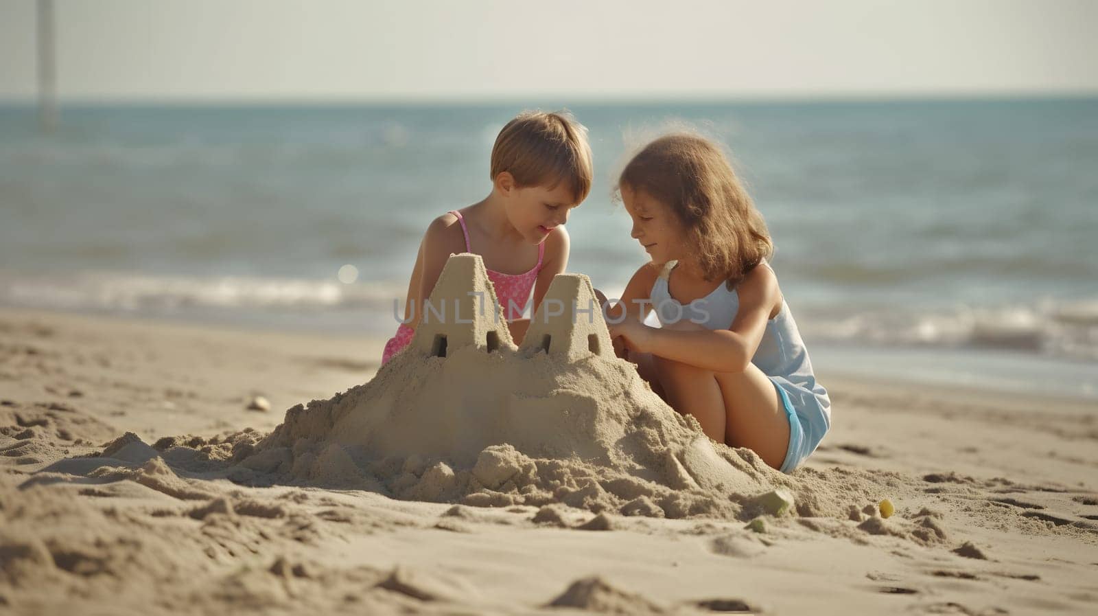 Children making sand castles on the beach. Neural network generated in May 2023. Not based on any actual person, scene or pattern.