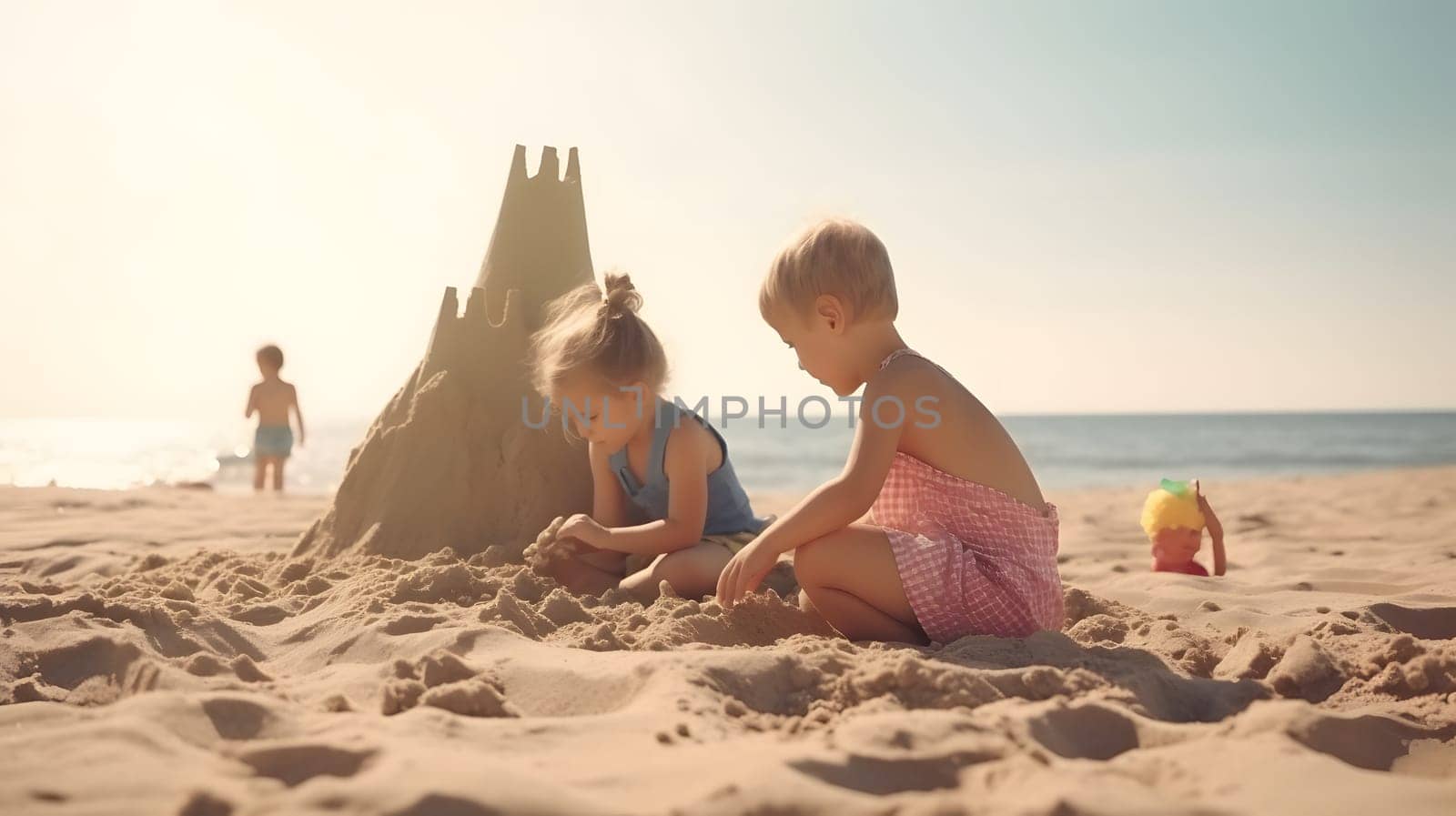 Children making sand castles on the beach. Neural network generated in May 2023. Not based on any actual person, scene or pattern.