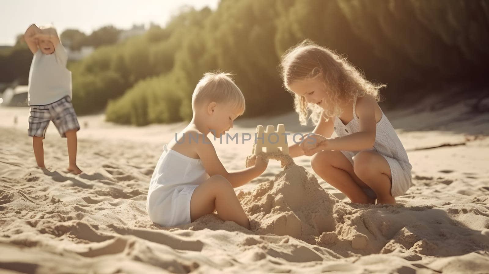 Children making sand castles on the beach. Neural network generated in May 2023. Not based on any actual person, scene or pattern.