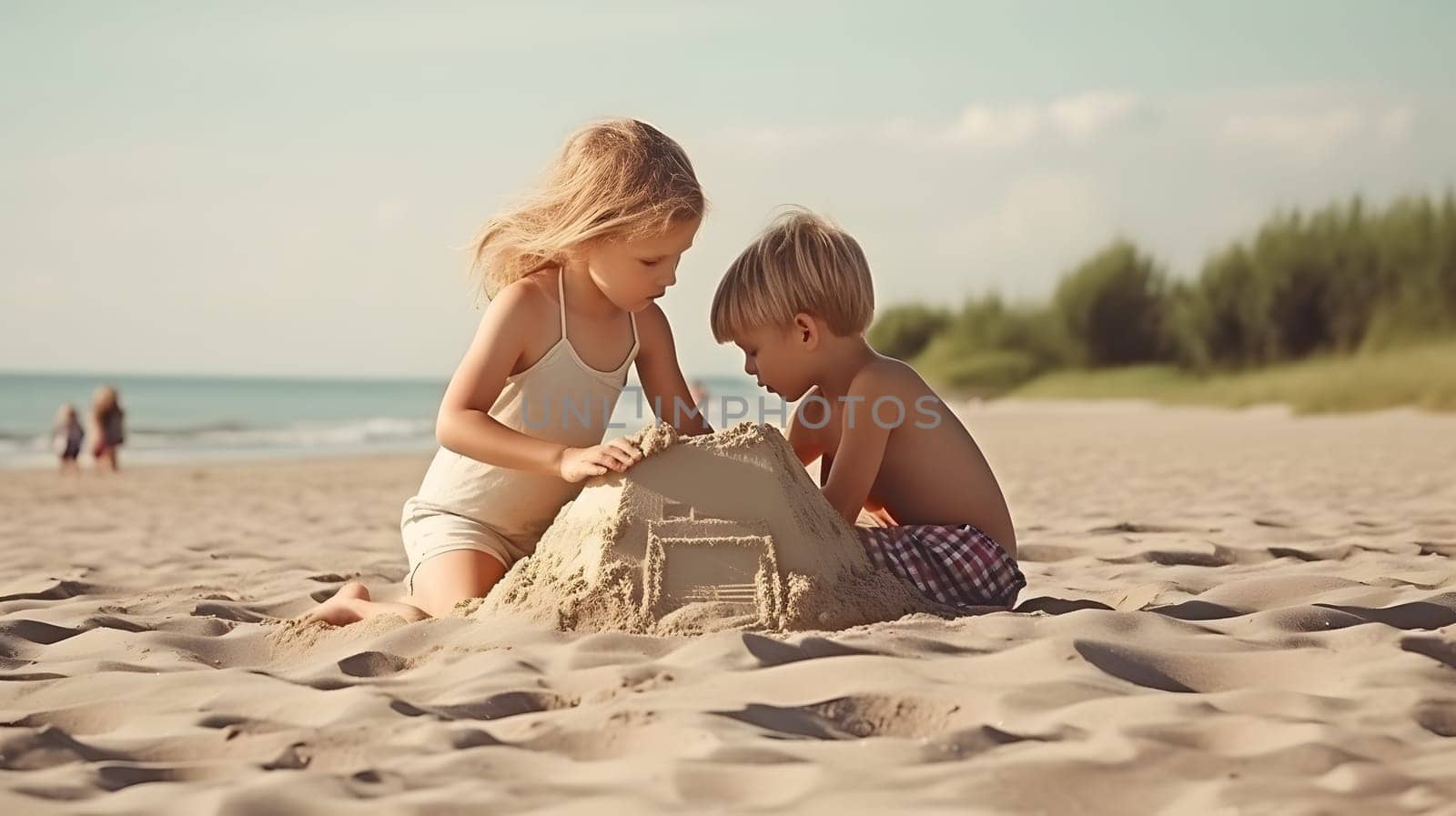 Children making sand castles on the beach. Neural network generated in May 2023. Not based on any actual person, scene or pattern.