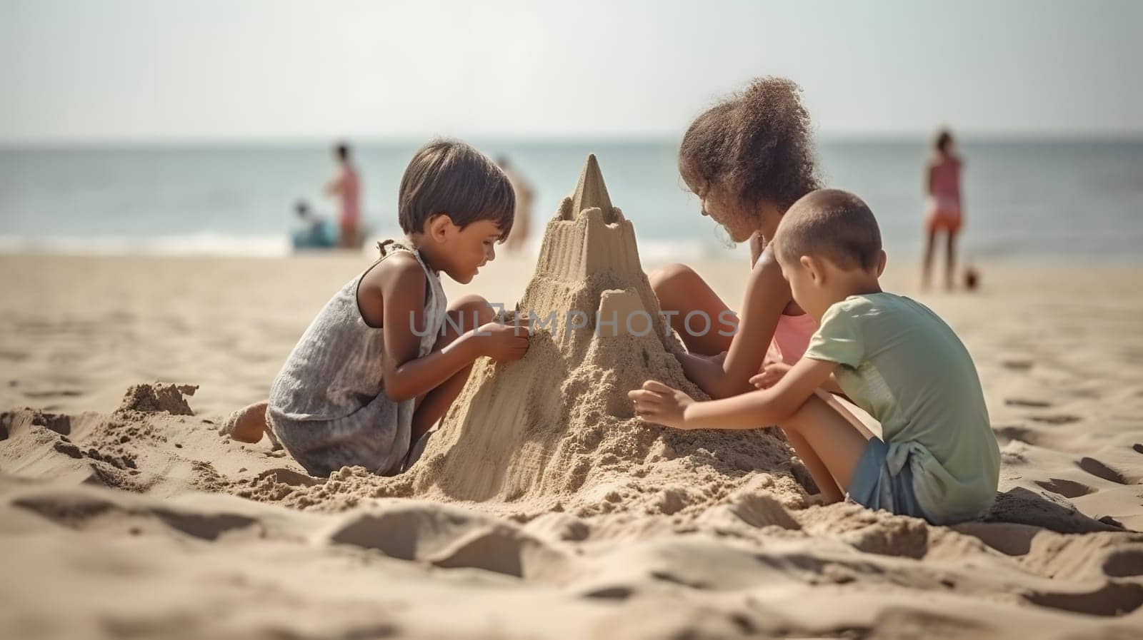 Children making sand castles on the beach. Neural network generated in May 2023. Not based on any actual person, scene or pattern.