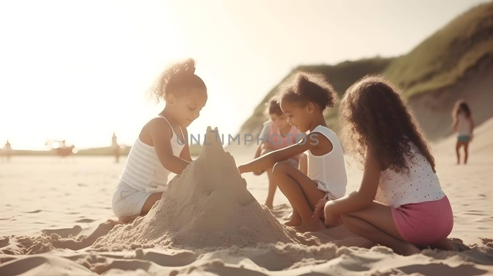 African american hildren making sand castles on the beach. Neural network generated in May 2023. Not based on any actual person, scene or pattern.