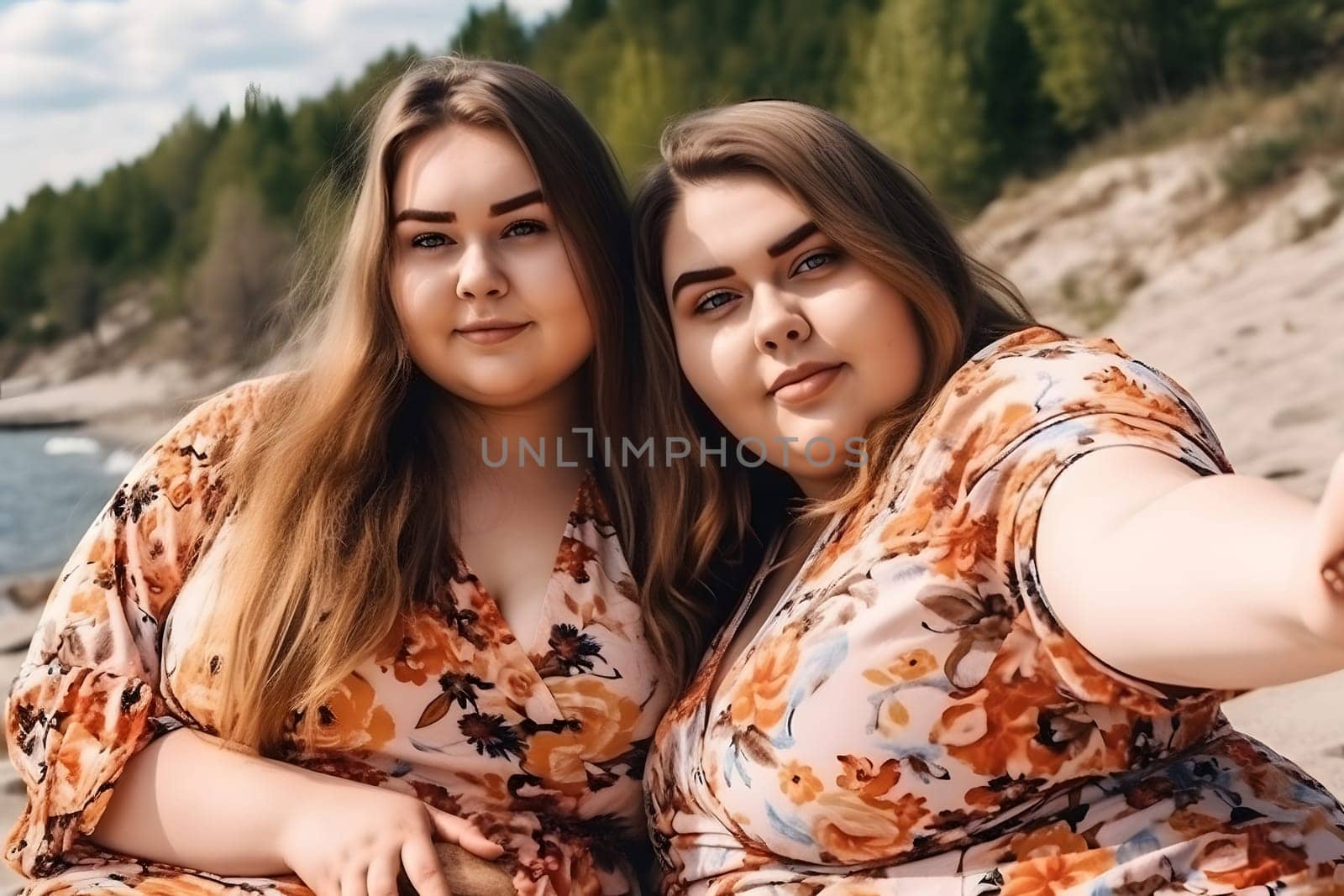 Two fat caucasian girls spending good time at the beach together. Neural network generated in May 2023. Not based on any actual person, scene or pattern.