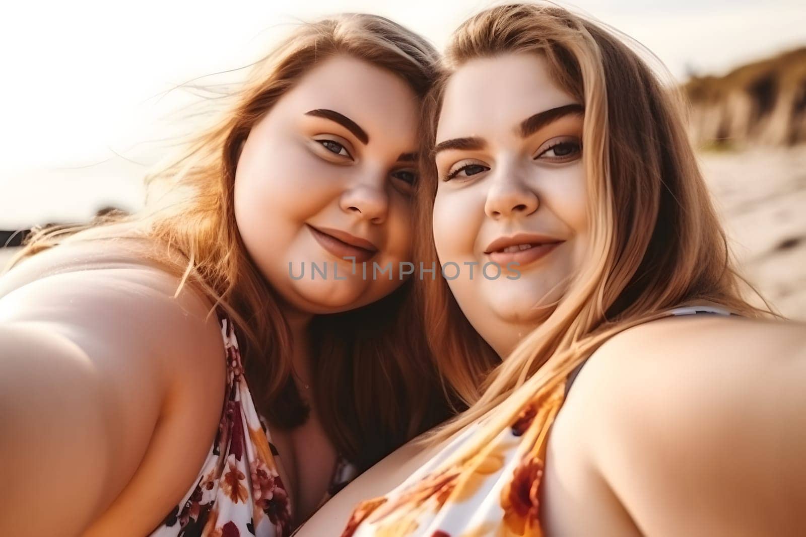 Two fat caucasian girls spending good time at the beach together. Neural network generated in May 2023. Not based on any actual person, scene or pattern.