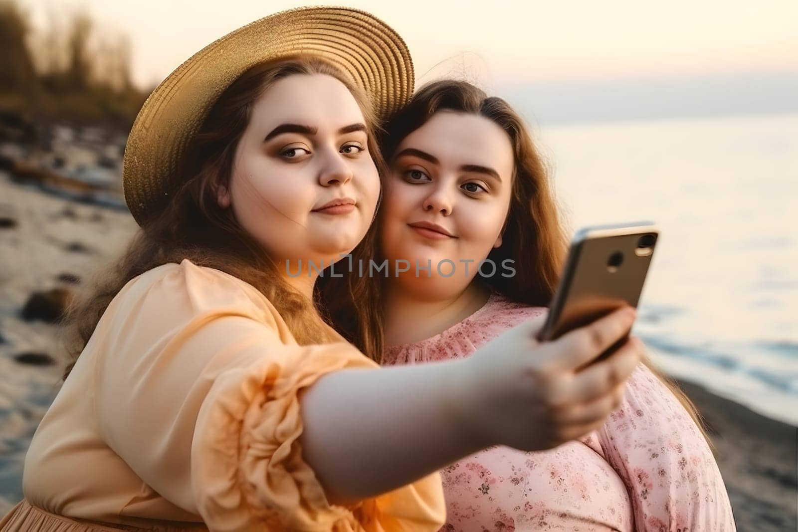 Two fat caucasian girls spending good time at the beach together. Neural network generated in May 2023. Not based on any actual person, scene or pattern.