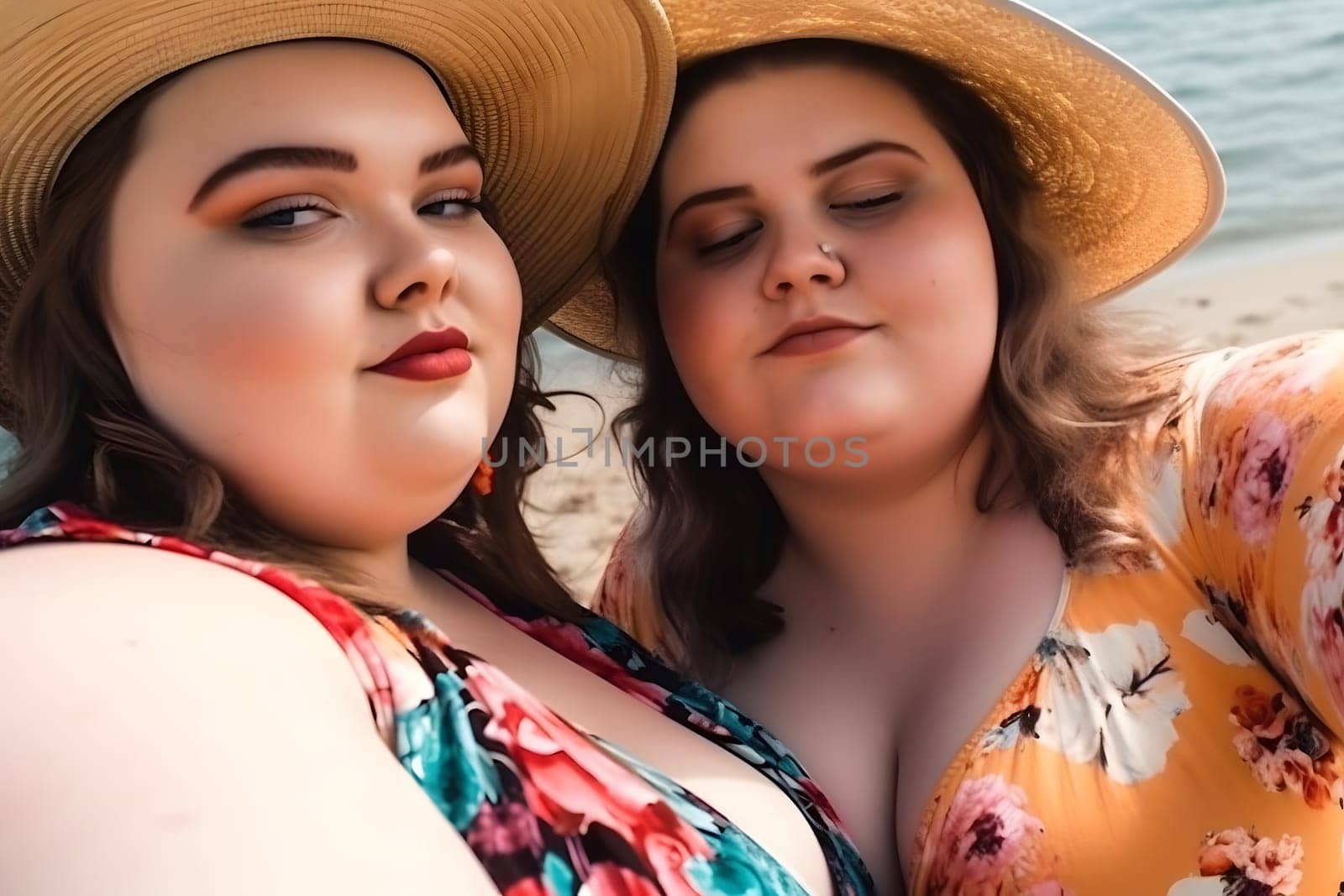 Two fat caucasian girls spending good time at the beach together. Neural network generated in May 2023. Not based on any actual person, scene or pattern.