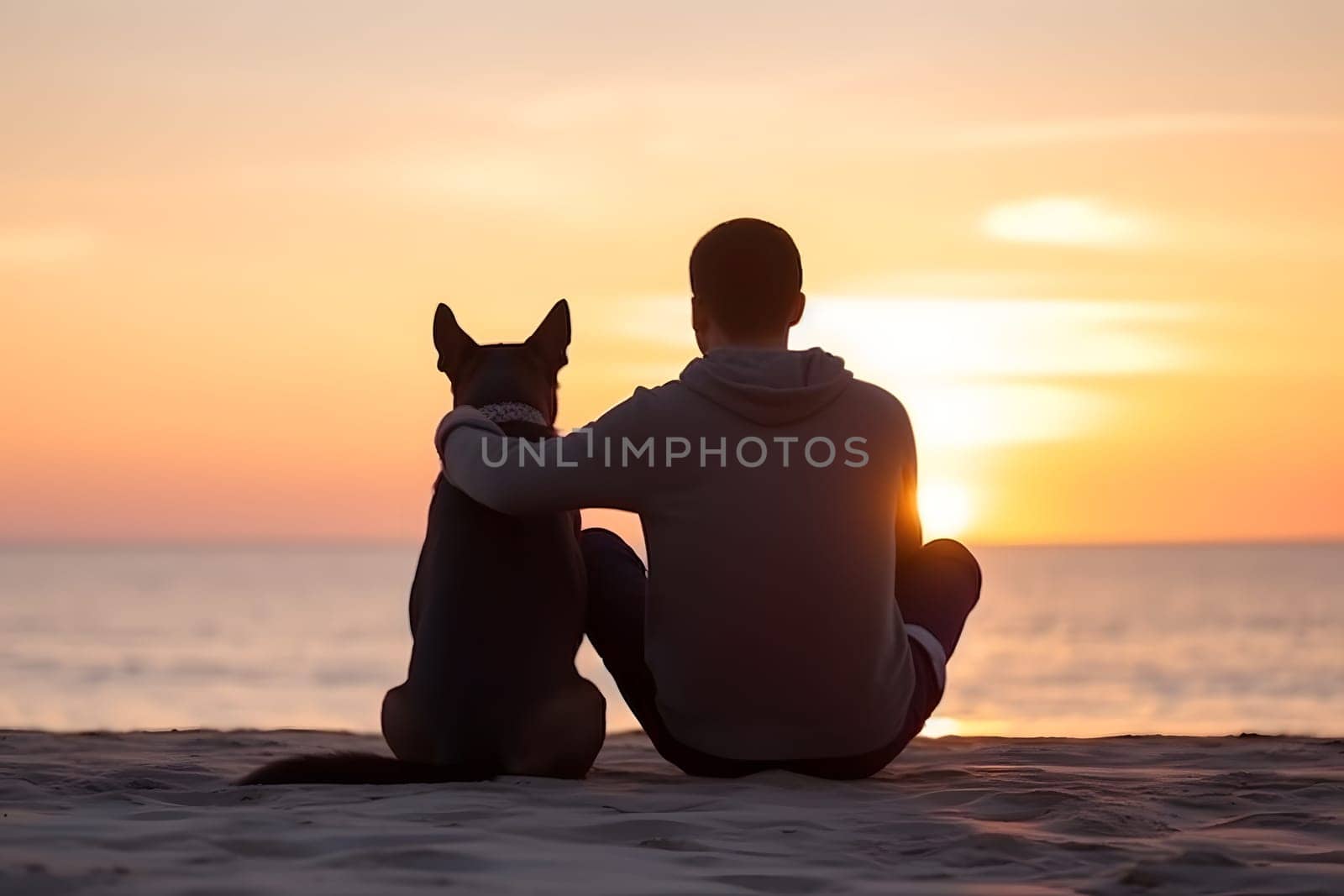 Friendship concept. Man and dog sitting together at sea beach and looking at sunset. Neural network generated in May 2023. Not based on any actual person, scene or pattern.