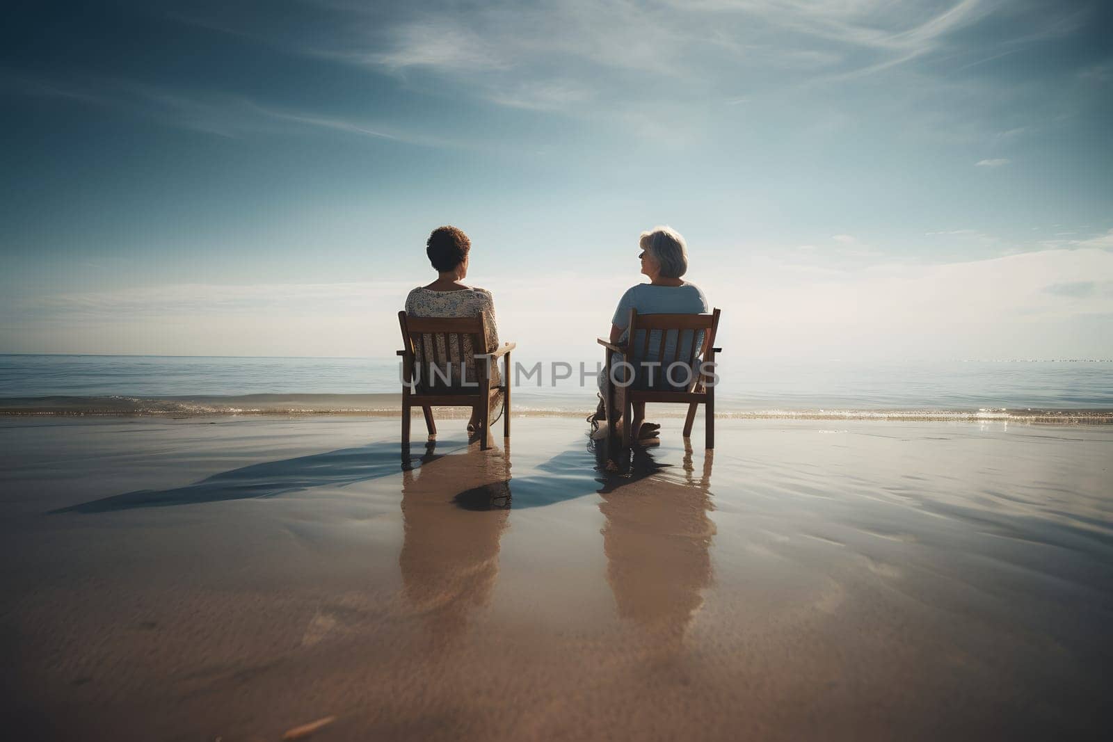 two women sitting on chairs at beach looking at sea horizon. Neural network generated in May 2023. Not based on any actual person, scene or pattern.