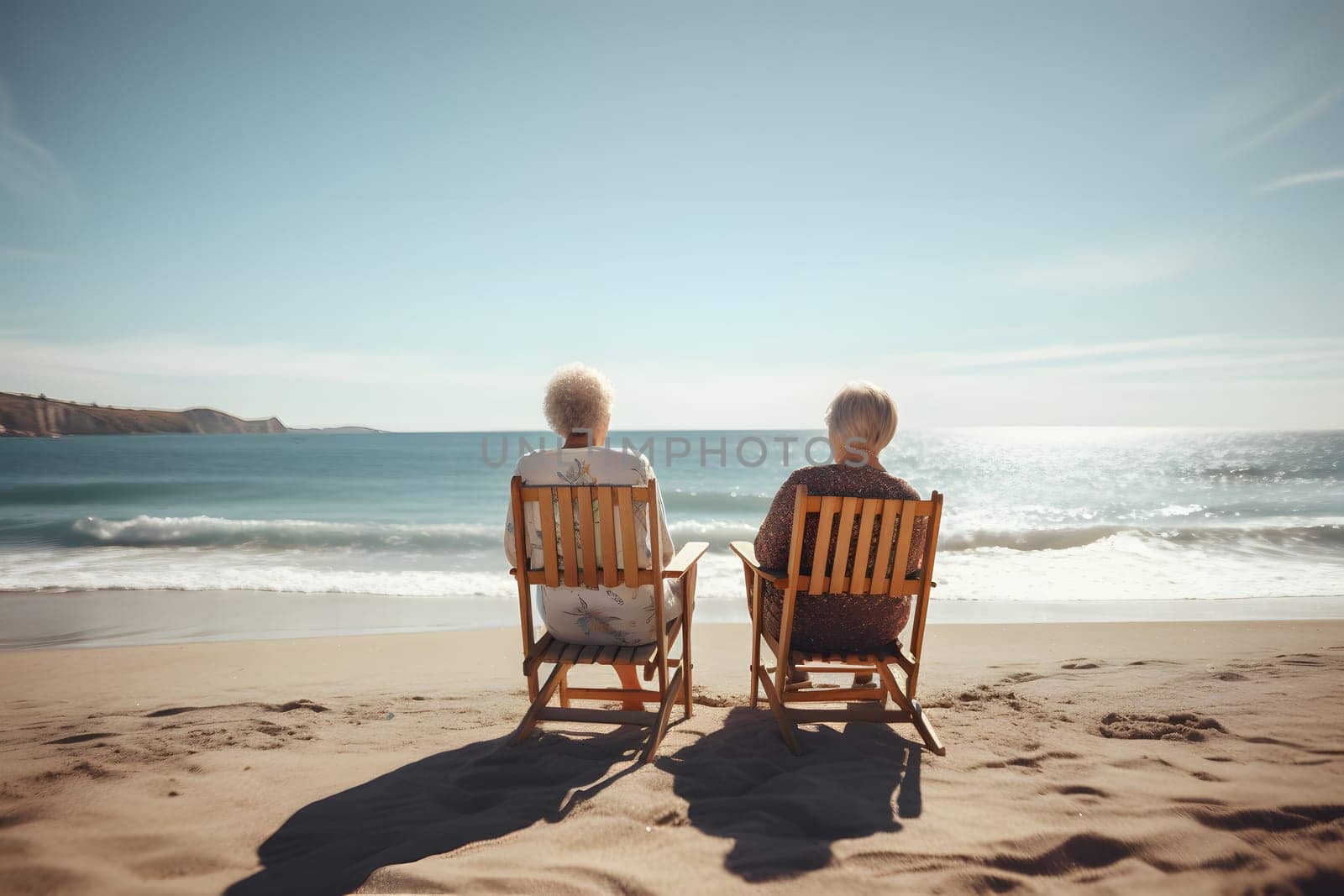 two women sitting on chairs at beach looking at sea horizon. Neural network generated in May 2023. Not based on any actual person, scene or pattern.