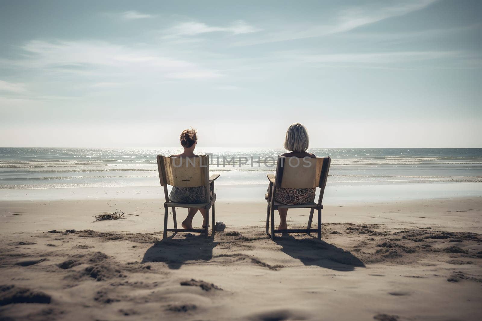 two women sitting on chairs at beach looking at sea horizon. Neural network generated in May 2023. Not based on any actual person, scene or pattern.