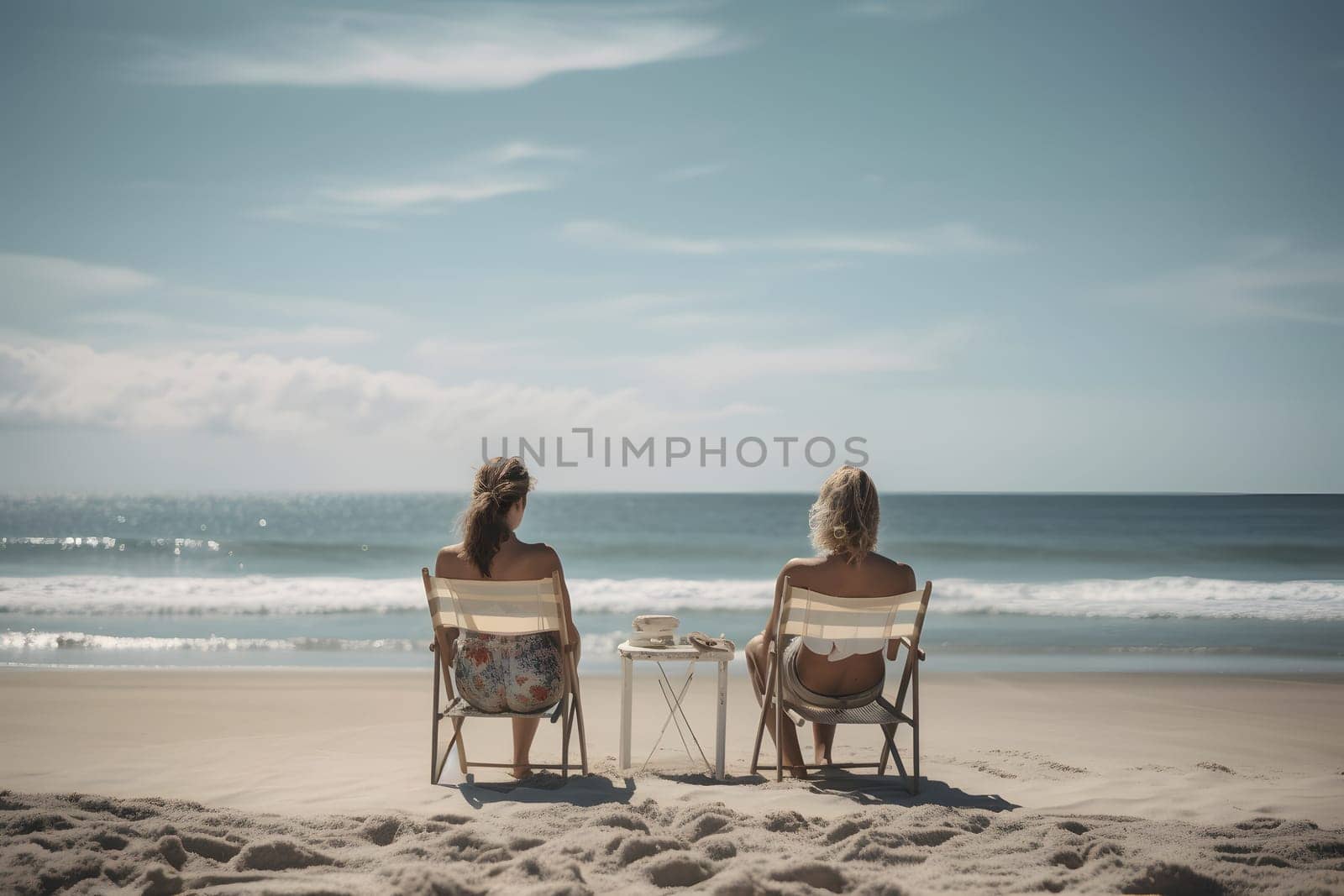 two women sitting on chairs at beach looking at sea horizon. Neural network generated in May 2023. Not based on any actual person, scene or pattern.