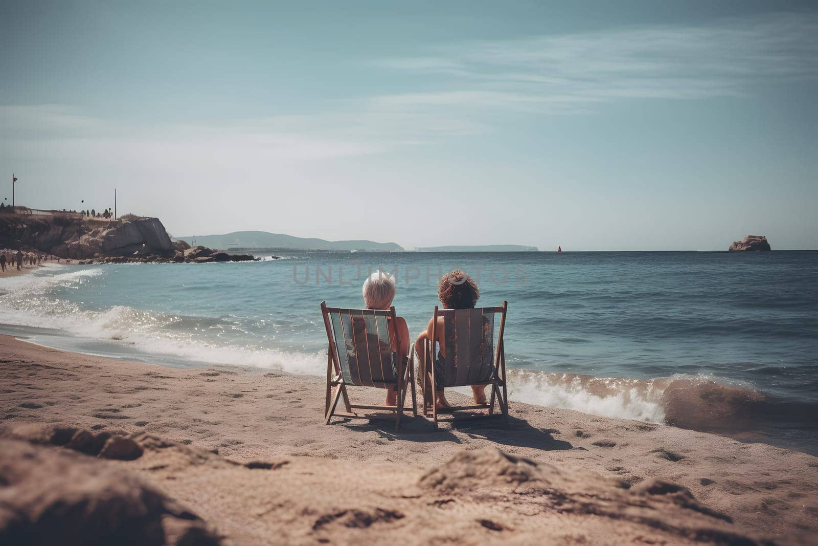 two women sitting on chairs at beach looking at sea horizon. Neural network generated in May 2023. Not based on any actual person, scene or pattern.